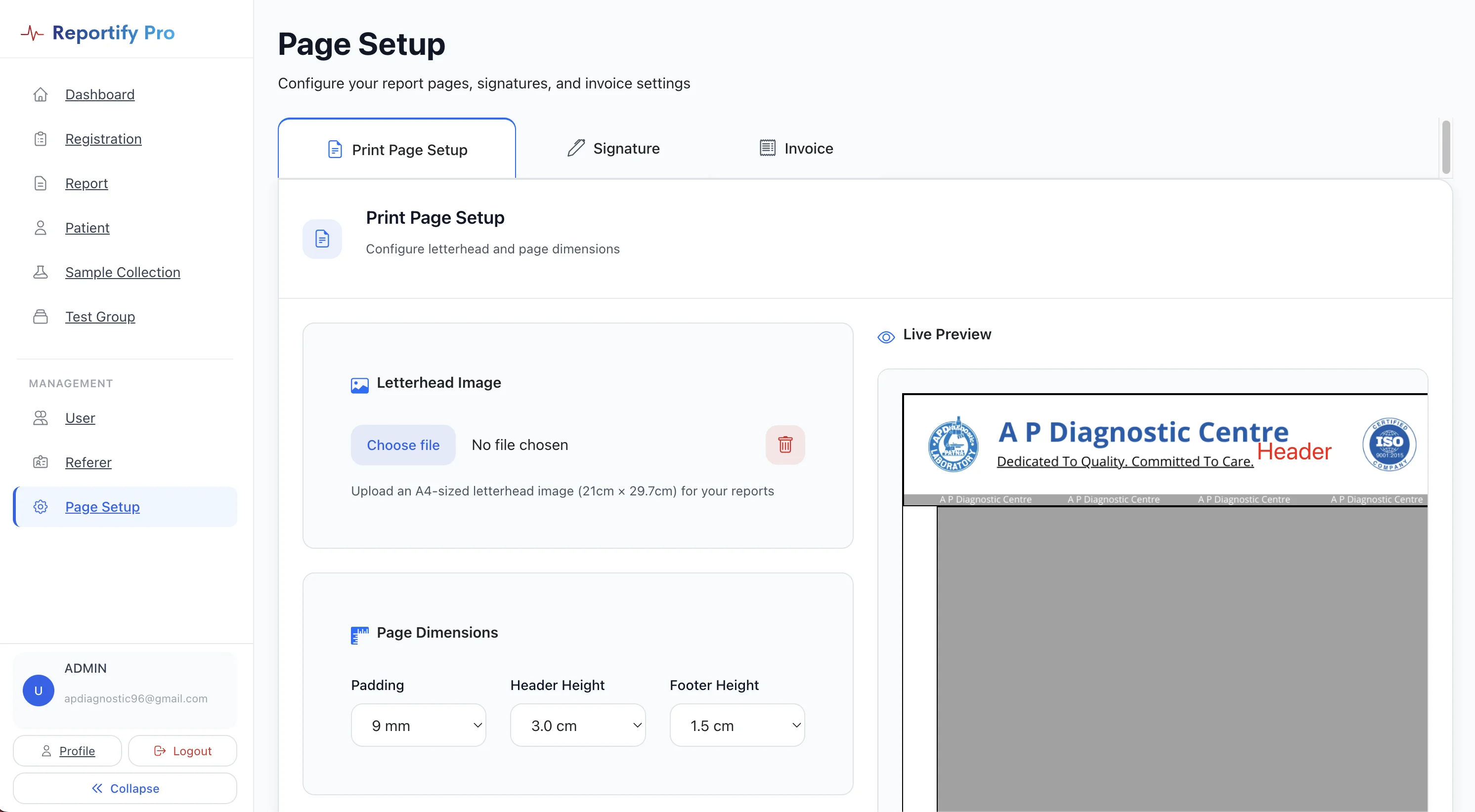 Lab report page setup and customization in Reportify Pro diagnostic software