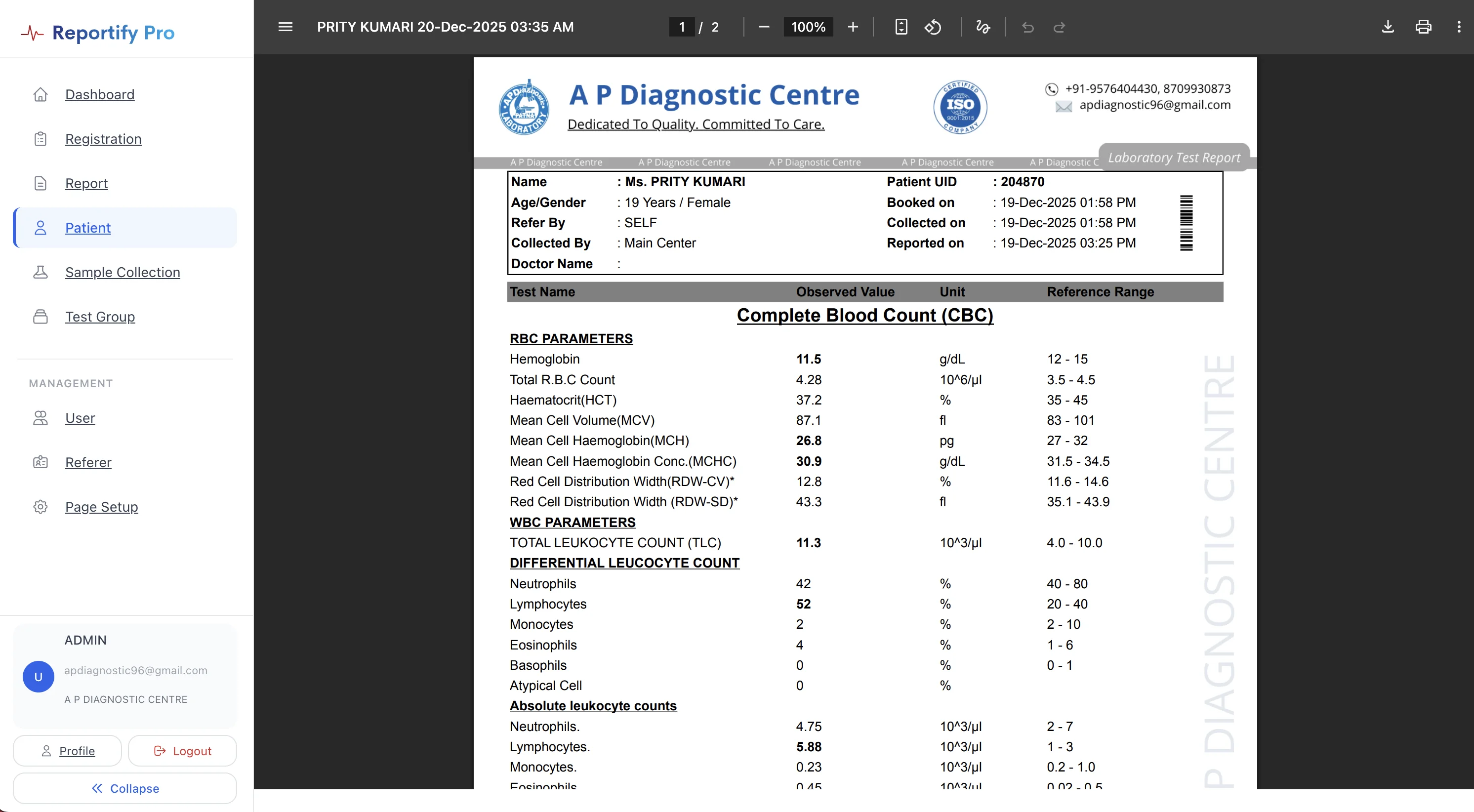 Pathology report generation screen – create professional lab reports in seconds